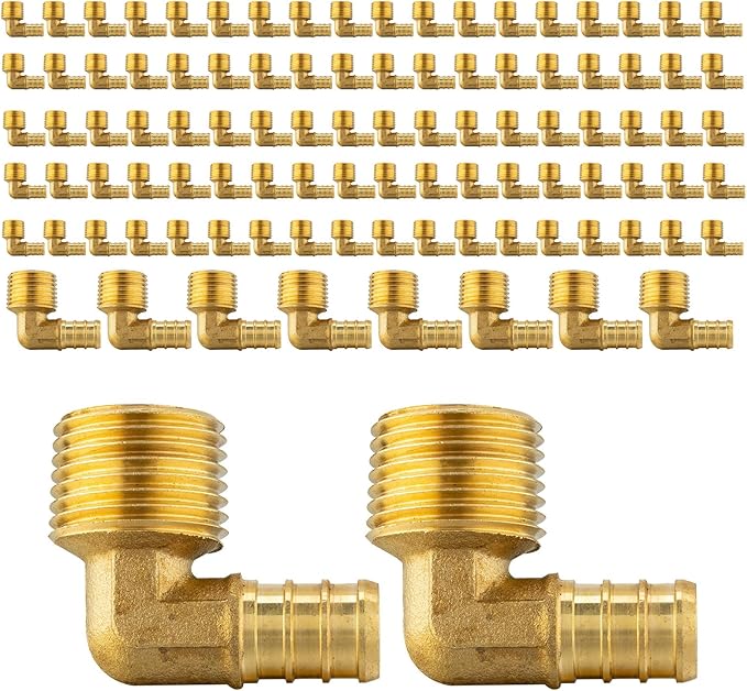 (Pack of 100) EFIELD Pex 1/2"x1/2" Male Threaded NPT Elbow Brass Crimp Fittings, ASTM F1807,(PEX1807096-100PCS)