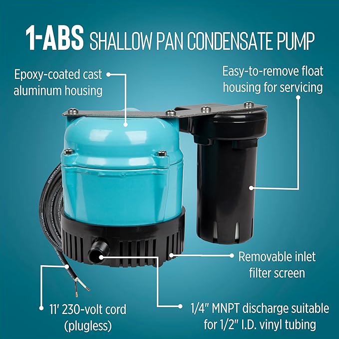 Little Giant 1-ABS 230-volt, 50/60 Hz, 1/150 HP, 205 GPH Automatic Shallow Pan Condensate Removal Pump for Ceiling Mounted Air Conditioners or Dehumidifiers, Black/Blue, 550532
