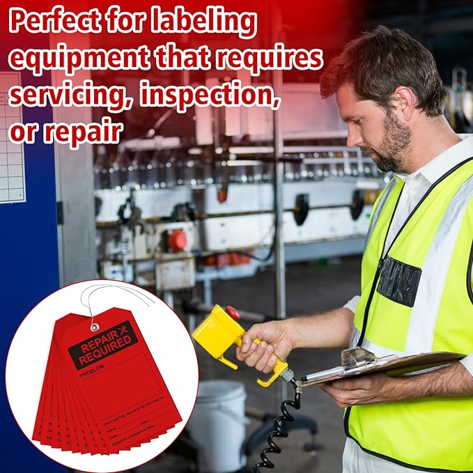 100 PCS Waterproof Repair Required Tags Red Repair Tags with Wire 3x5 Inch Service Tag Plastic Maintenance Required Tag with Iron Wire & Pen for Equipment Maintenance Service