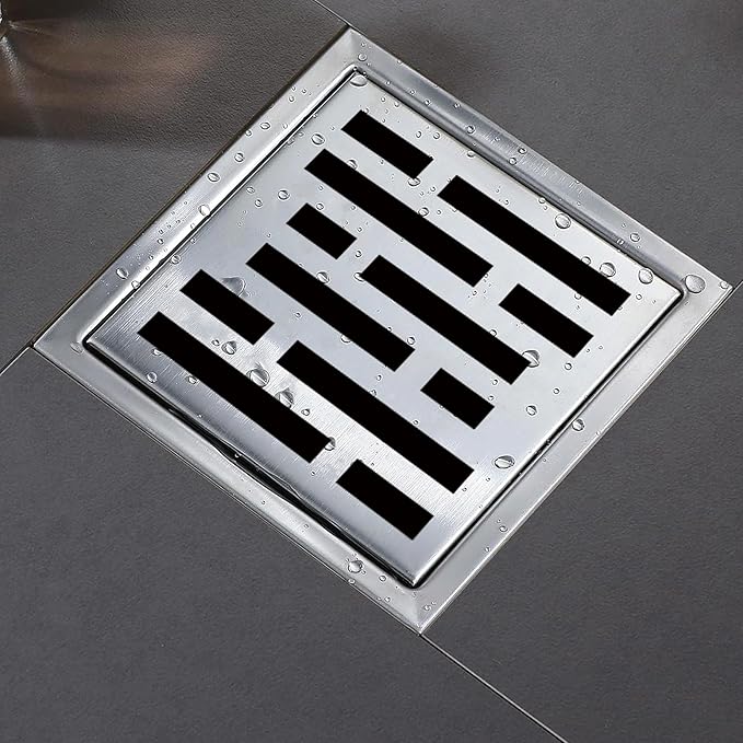 4 Inch Square Shower Floor Drain, Shower Drain Kit with Flange, Square Shower Drain, SUS 304 Stainless Steel Floor Drain,Silver