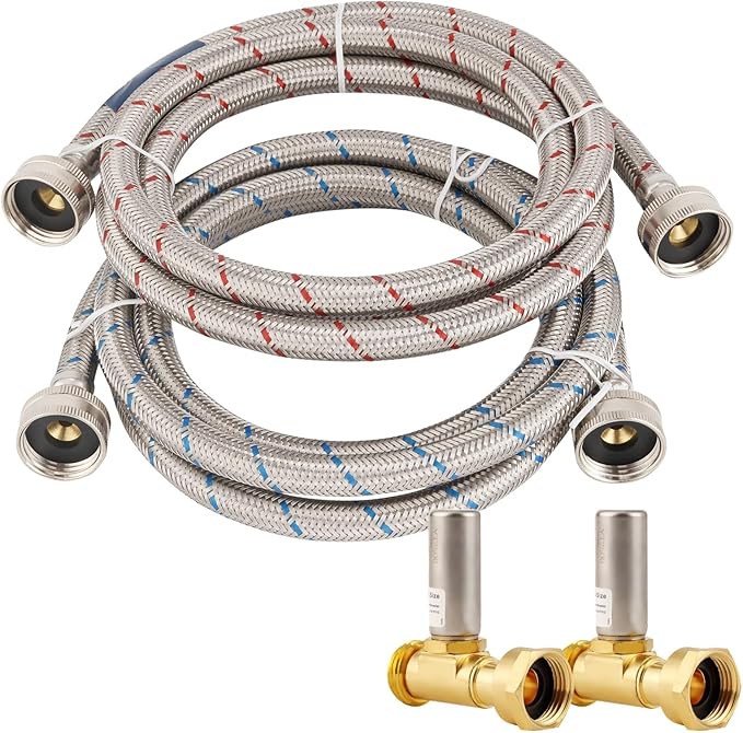4 FT Stainless Steel Washing Machine Hoses with Water Harmmer,2 Pack Red and Blue Washer Hoses,Burst Proof Hot & Cold Water Connection Inlet Washer Supply Lines