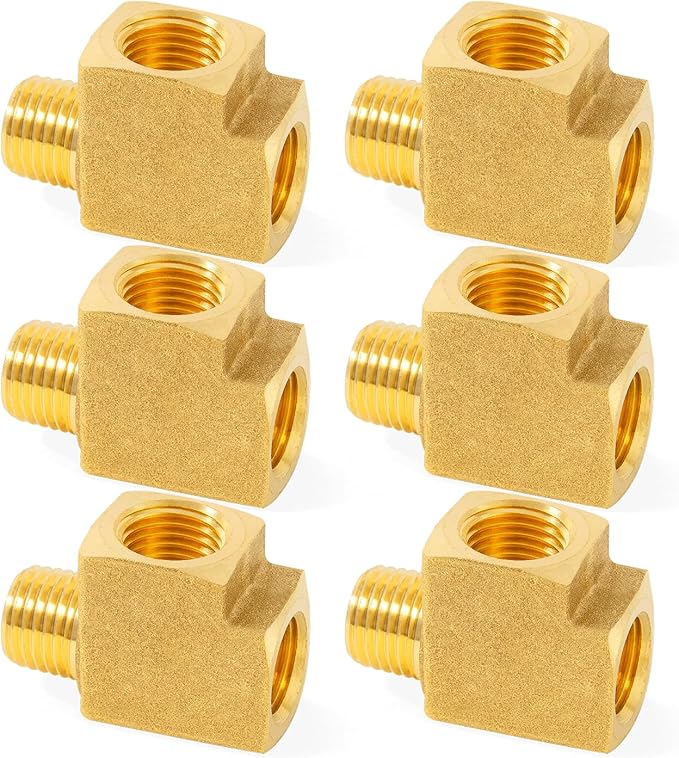 ChillWaves Brass Pipe Fitting, Barstock Male Run Tee 1/4" NPT Female x 1/4" NPT Female x 1/4" NPT Male Thread Adapter(6-PACK)