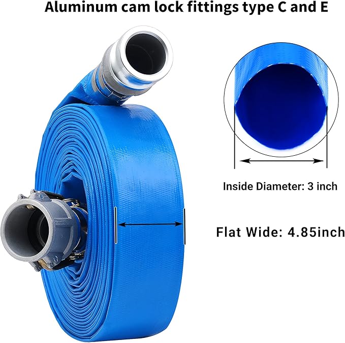 3" x 50ft PVC Lay Flat Discharge Hose With Aluminum Camlock C & E Fittings, Cam Lock Fitting, Heavy Duty Reinforced Pump Backwash Hose Assembly
