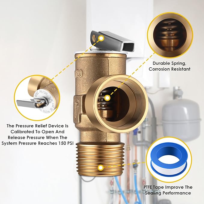 150 PSI Pressure Relief Valve, Boiler Relief Valve with 3/4 NPT Thread, PTFE Thread Seal Tape, Brass, for Hot Water and Cold Water Systems