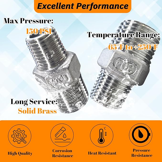 2pcs 3/8" NPT x 1/4" NPT Stainless Steel Nipple, 3/8 to 1/4 Adapter Fitting Reducing Solid Hex Stainless Steel Nipple, Male Reducer for Extending and Connecting Pipes