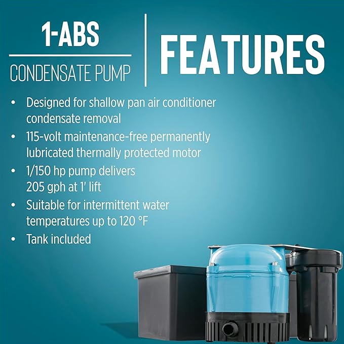 Little Giant 1-ABS 115-volt, 1/150 HP, 205 GPH Automatic Shallow Pan Condensate Removal Pump for Ceiling Mounted Air Conditioners or Dehumidifiers, with Condensate Collection Tank, Black/Blue, 550522