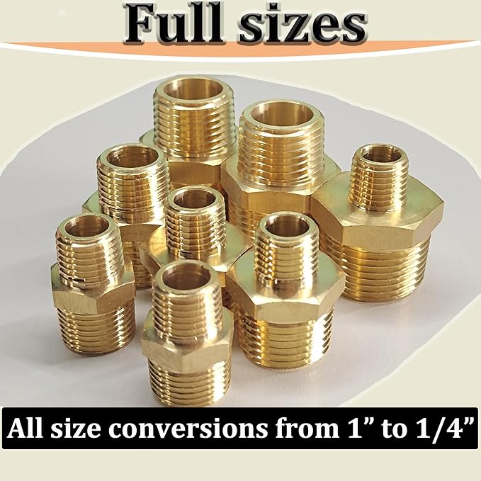 2PCS NPT Male Threaded Reducing Nipple Pipe Fitting Adapter, Brass Hex Nipple Reducer, Heavy Duty Pipe Reducer Straight Connector (3/4" x 1/4")