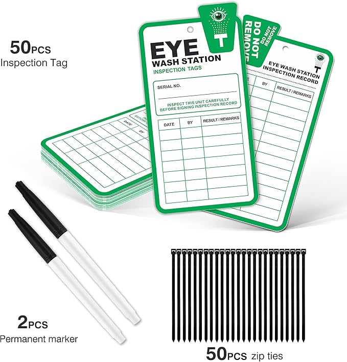 Eye Wash Station Inspection Tags - 50 Pack, Yearly Monthly Eyewash Inspection Station Tags, RP-Plastic, OSHA Approved, Waterproof