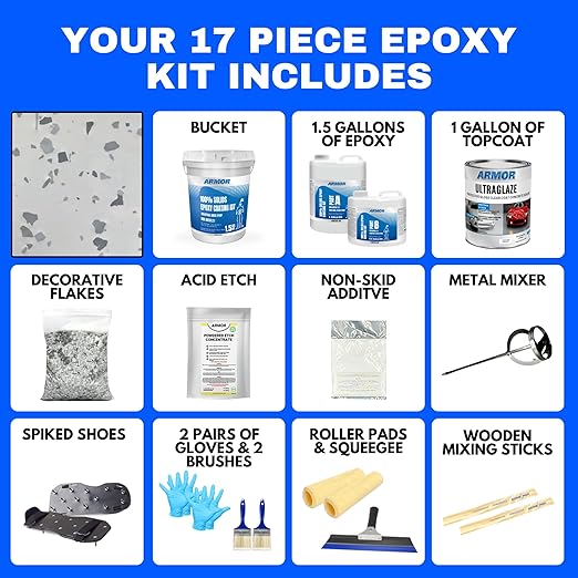 ArmorPoxy Garage Epoxy Floor Kit – 100% Solids - 2 Part Industrial-Grade Coating w/UltraGlaze Topcoat | DIY Slip & Hot Tire Resistant |300 Sq Ft - Designer Gray - 17 pc kit