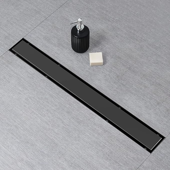 SaniteModar Linear Shower Drain,Black Shower Drain 48 inch with Flat & Tile Insert 2 in 1 Panel, with Hair Strainer and Leveling Feet…