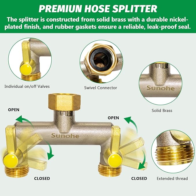 Garden Hose Splitter, Water Hose Splitter 2 Way Heavy Duty Brass Nickel Plated, Extended Metal Handle 3/4-Inch Hose Manifold, Rust and Freeze Resistant High Flow Outdoor Faucet Splitter