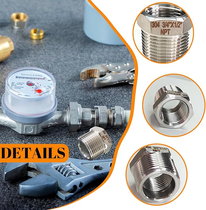 2 Pcs Stainless Steel Bushing 3/4" Male to 1/2" Female, 3/4" to 1/2" Reducer NPT Adapter Hex Stainless Steel Reducing Pipe Adapter Fitting Pipe Tube Adapter Convert