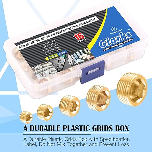 Glarks 16Pcs Brass 1/8'' 1/4'' 3/8'' 1/2'' 3/4'' NPT Male Pipe Plug Fitting Set Internal Hex Thread Socket Pipe Plug Assortment Kit
