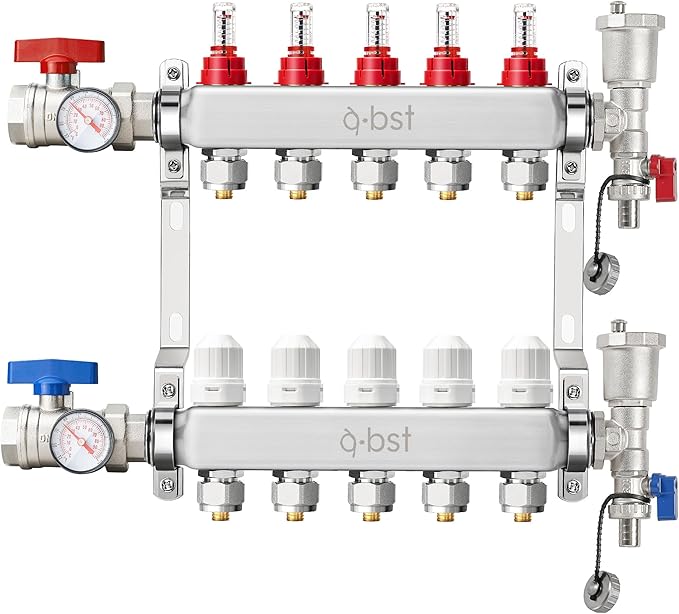 ABST PEX Manifold,5 Loop Stainless Steel Floor Radiant Heat Manifold Kit with 1/2" Adapters Included for Hydronic Radiant Floor Heating