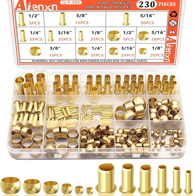 230PCS 6 Sizes Brass Compression Fittings Assortment kit- 1/2", 3/8", 5/16", 1/4", 3/16", 1/8" Insert, Sleeve Ferrule for Connecting air, Fuel, Water, Oil and inert Gases Lines