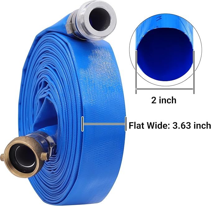2" x 100′FT Pool Backwash Hose With Aluminum Pin Lug Fittings, Heavy Duty Reinforced PVC Lay Flat Water Pump Discharge Hose Assembly