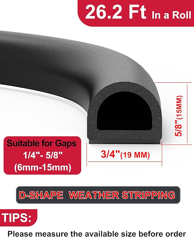 Rubber Weather Stripping Self Adhesive Door Weather Strip D Shape EPDM Rubber Seal Strip for Door and Window, RV, Boat, Car, Truck, Marine, 26 FT, (3/4" W × 5/8" T)