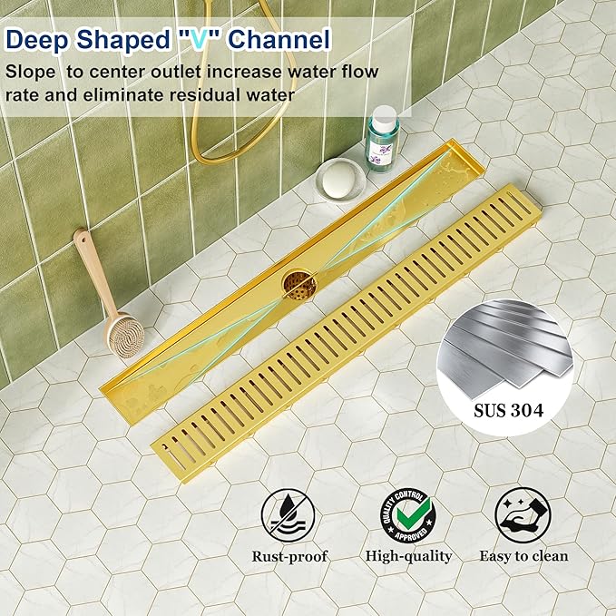 Neodrain 24" Gold Bathroom Linear Shower Drain with Removable Capsule Pattern Grate, 304 Stainless Steel Rectangle Shower Floor Linear Drain- Adjustable Leveling Feet,Hair Strainer, CUPC Certified