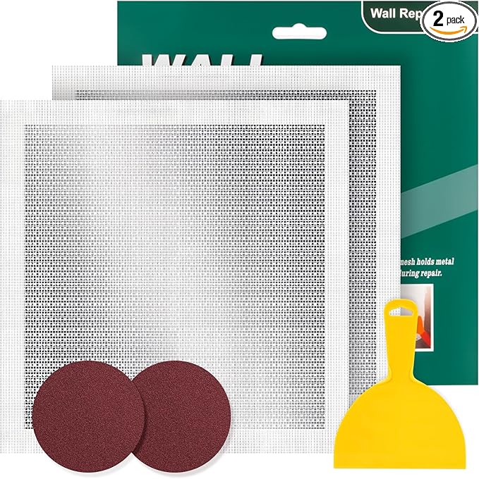 12 X 12 Inch Drywall Repair Kit - Heavy Duty Self-Adhesive Mesh Drywall Repair Patch for Large Holes in Wall and Ceiling, Wall Patch Repair Kit with Scraper and Sandpaper - Dry Wall Patch Kits