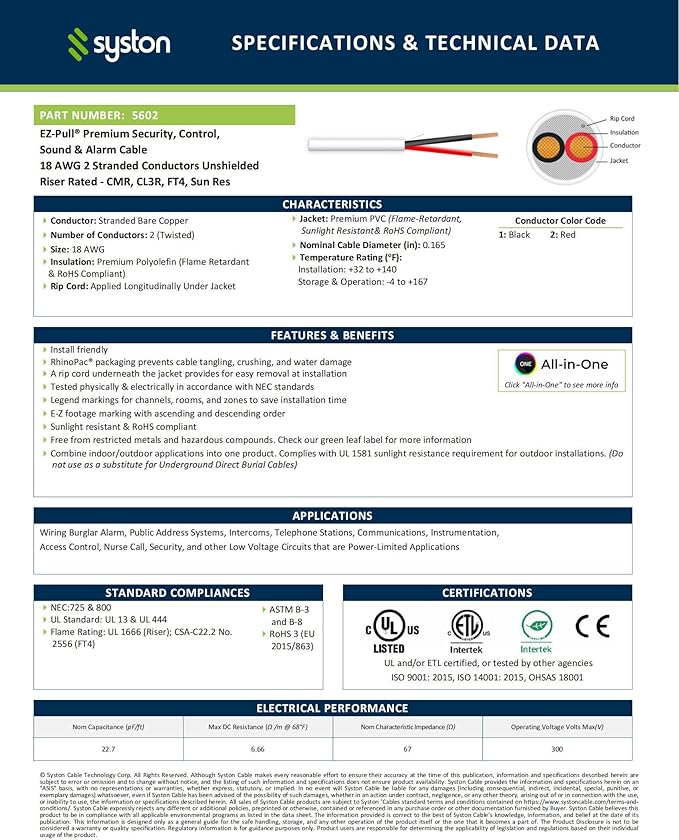 Syston Cable Technology 18/2 Fire Security Burglar Station Sound Alarm Control Cable Wire, Riser-Rated CMR/CL3R Unshielded 100% Copper Stranded UL/ETL,UV Resistant RoHS for Indoor/Outdoor