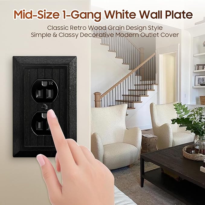 Classic Retro Wood Grain Design Style, 12-Pack Black Outlet Covers Plate, Modern Decorative Electric Receptacle Light Switch Cover Plates (1-Gang Duplex Mid-Size)