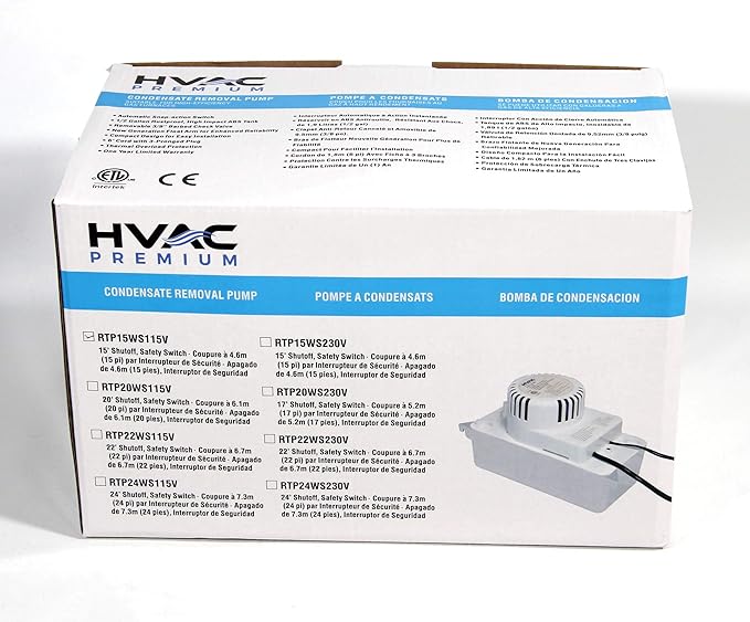 HVAC Premium Condensate Removal Pump – Tank Pump 2.2L RTP15WS115V with 3/8" x 15' Pipe All in White – Automatic Safety Switch Sensor - 115V/60HZ