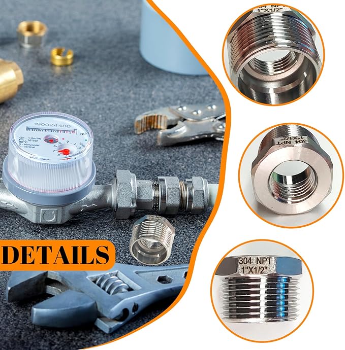 2 Pcs Stainless Steel Bushing 1" Male to 1/2" Female, 1" to 1/2" NPT Adapter Hex Stainless Steel Reducing Pipe Adapter Fitting Pipe Hose Tube Adapter Convert
