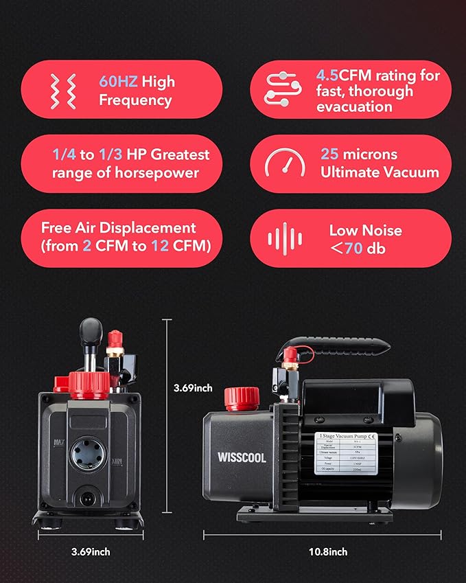 4.5CFM Vacuum Pump for HVAC, 1/3HP Single Stage Air Conditioning Vacuum Pump for R12 R22 R134a R410a R502 Automotive Air Conditioner Refrigerant System with Oil