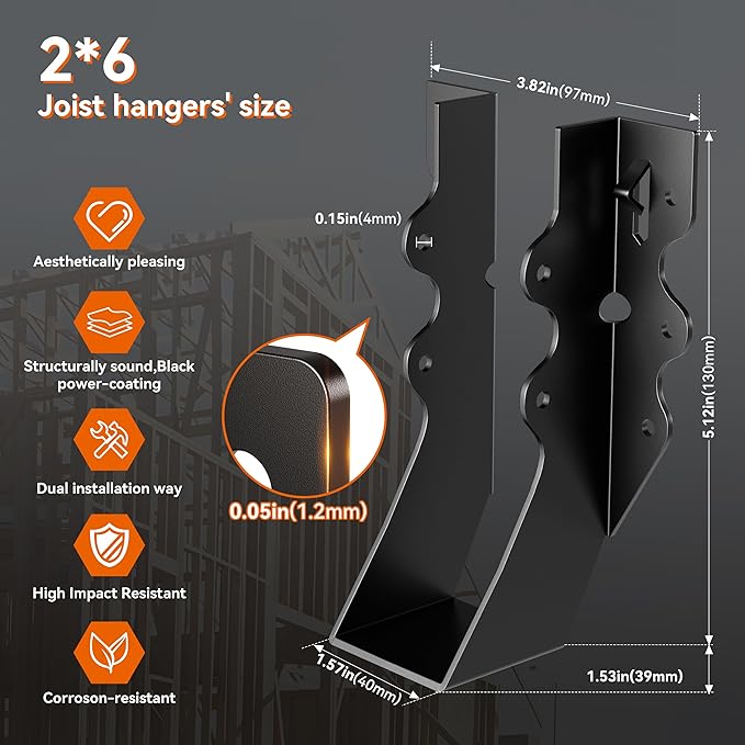 25 Pcs Black 2x6 Joist Hangers for Wood, Rafter Brackets, face Mount 2x6 Joist Hangers, Hurricane Ties Brackets for Shed/Barn/Coop/Porch/Truss, Structurally Sound and Aesthetically Pleasing