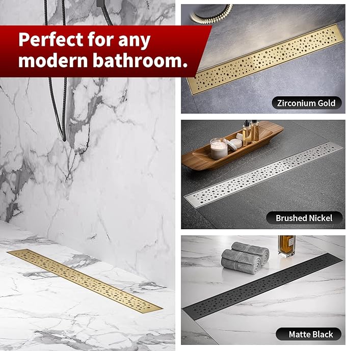 Sharp-tec 28 inch Linear Shower Drain, Gold Rectangular Floor Drain, V-Shape Design Drain Channel, 304 Stainless Steel, cUPC Certificated for Bathroom Shower Room (Drain Base is Not Included)