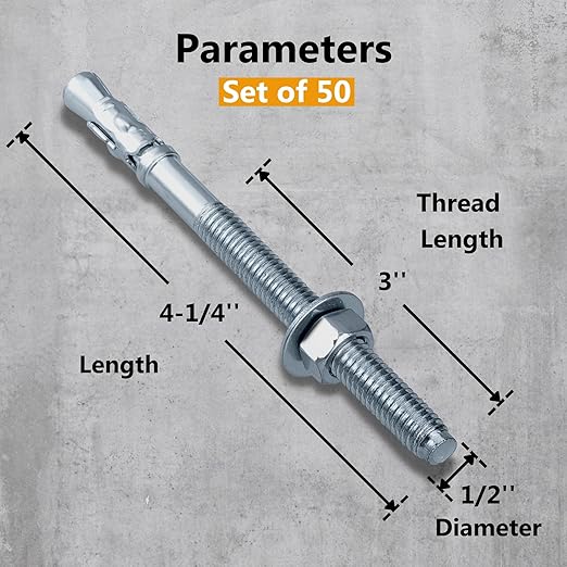 Party Animals 1/2 x 4-1/4 Inch Wedge Anchor, 50 PCs Zinc-Plated Industrial Anchor Bolts for Cement, Concrete