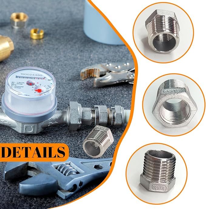 2 Pcs Stainless Steel Bushing 1/2" Male to 3/8" Female, 1/2" to 3/8" NPT Adapter Hex Stainless Steel Reducing Pipe Adapter Fitting Pipe Hose Tube Adapter Convert