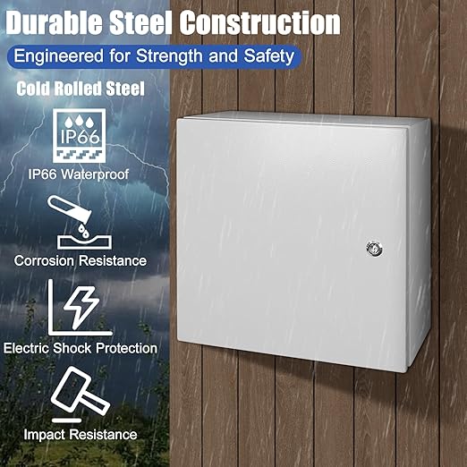LeMotech Electrical Box 16 x 16 x 8 inch Steel Enclosure, IP66 Waterproof Dustproof Junction Box Wall-Mounted for Outdoor/Indoor Lockable with Equipment Mounting Plate