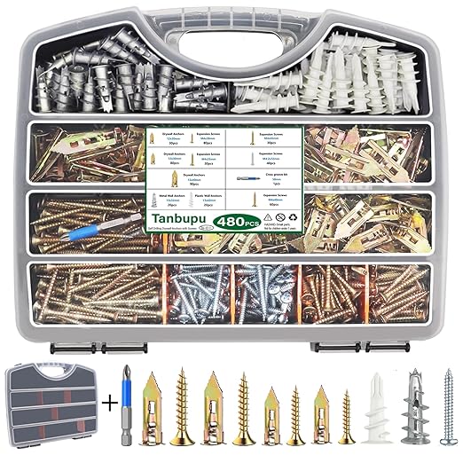 480Pcs Self Drilling Drywall Anchors 4 Sizes Zinc Plated Steel Sheetrock Anchors and 5 Sizes Screws (2025 Upgraded) no Drilling Required Easy Application