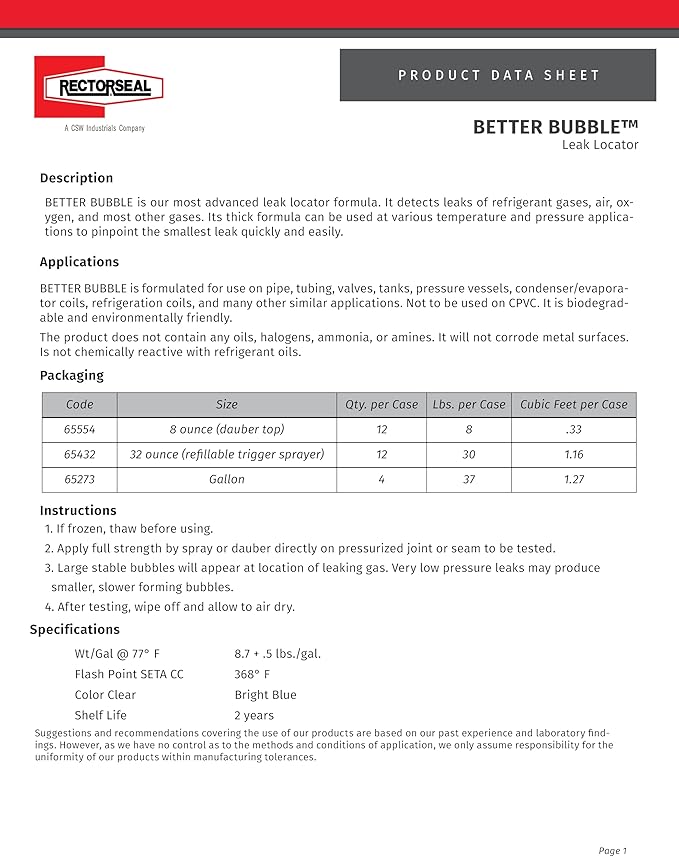RectorSeal Better Bubble 65554 Advanced Leak Detector, Detects Refrigerant Gas, Air, and Oxygen, Fast Acting, Can Be Used at Varied Temperature/Pressure Conditions, Plumbing, 8 oz.