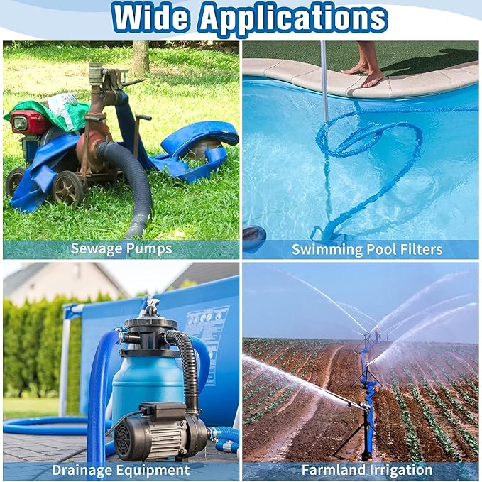 3IN x 60FT Pool Backwash Hose Heavy Duty Drain Discharge Double PVC Layflat Hose with 2 Clamps, Weatherproof Burst Resistant for Water Transfer, Sump Pump, Pool Filter, Pool Drain (18.3M, Blue)