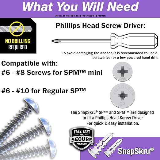 TOGGLER SnapSkru SP Self-Drilling Drywall Anchor for Hollow Wall Application, Glass-Filled Nylon, Made in US, for #6 to #10 Fastener Sizes (50 Pack w/Screws)