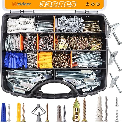 weideer 336PCS 11Sizes Drywall Anchors and Screws Assortment Kit,Toggle Bolts and Wing Nut Kit,Plastic Dry Wall Anchors with Wood Screws Handheld Box (1/4" 3/16" 1/8" #6#7#8 M8 M12 M13)