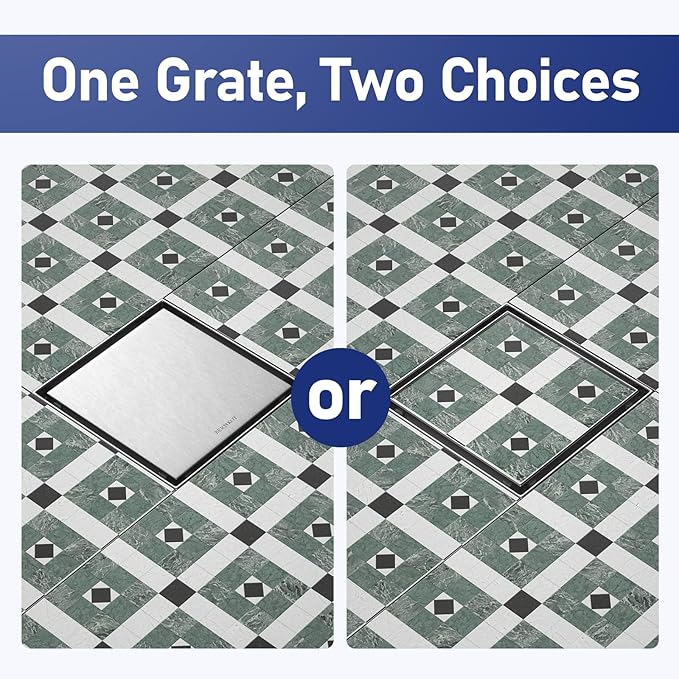Square Shower Drain 8", Brushed Floor Drain with Tiled Insert Grate & Hair Strainer, 304 Stainless Steel Bathroom 2-in-1 Tiled in Drain, CUPC Certified (Brushed, 8'')