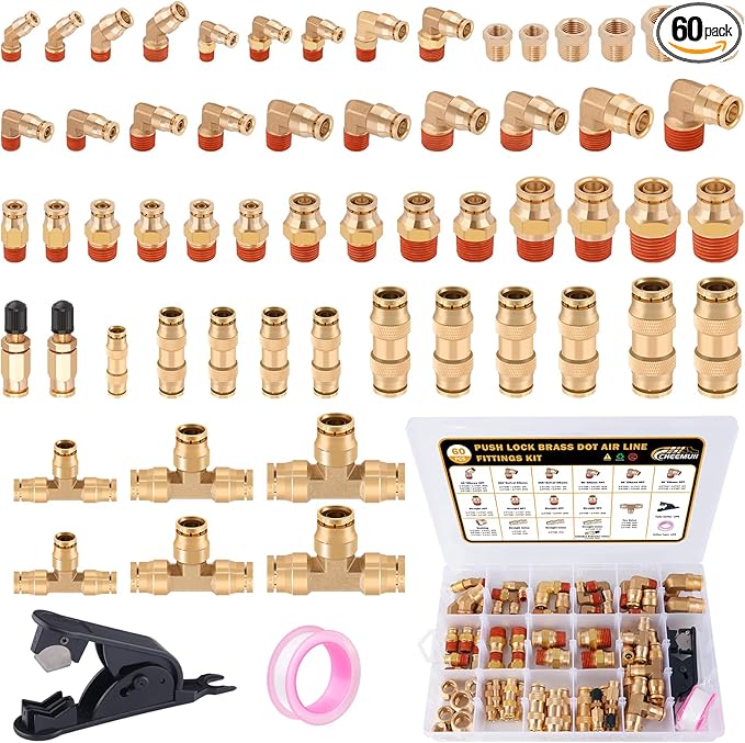 CheeMuii 60 Pcs Brass DOT Air Line Fittings kit Push Lock DOT Air Fittings Push to Connect Fittings NPT Thread & Quick Connect Air Hose Fittings for Air Line Air Hose Pneumatic Tubing