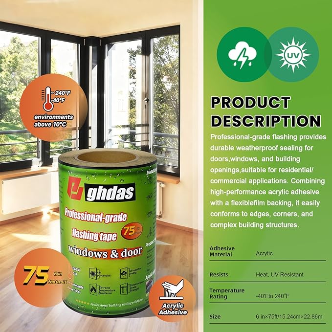 Flashing Tape, 6" x 75', Industrial Strength for Windows, Doors, Weather-Resistant, UV-Resistant, Tear-Resistant, Advanced Acrylic Adhesive, Black