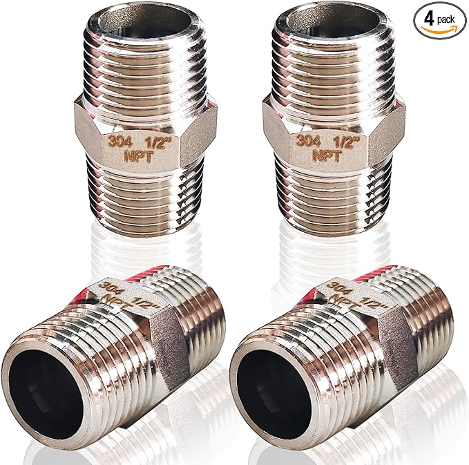 4PCS Hex Stainless Steel Nipple 1/2"NPT Male X 1/2" NPT Male Pipe Fitting 1/2 inch Stainless Steel Pipe Nipples Male Pipe Adapter Fittings Heavy Equal Nipples Connectors
