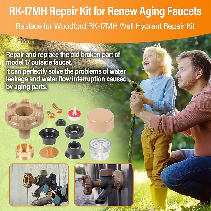 RK-17MH Outside Faucet Repair Kit Metal Handle - Replacement for Woodford Model 17 Outdoor Wall Hydrant, Frost-Free Design, EPDM Packing, 12-Piece Kit