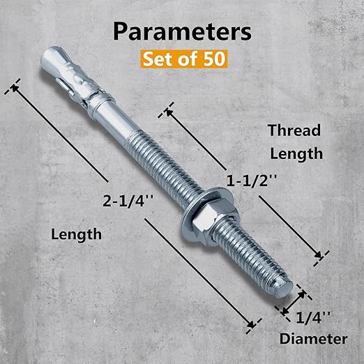 Party Animals 1/4 x 2-1/4 Inch Wedge Anchor, 50 PCs Zinc-Plated Industrial Anchor Bolts for Cement, Concrete