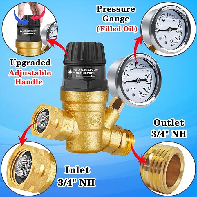 RV Water Pressure Regulator with Adjustable Handle,Upgrade Water Pressure Reducer, RV Water Regulator Valve with 2 Inlet Screened Filters, for RV Camper, Travel Trailer (Style 1-Handle Adjustable)…