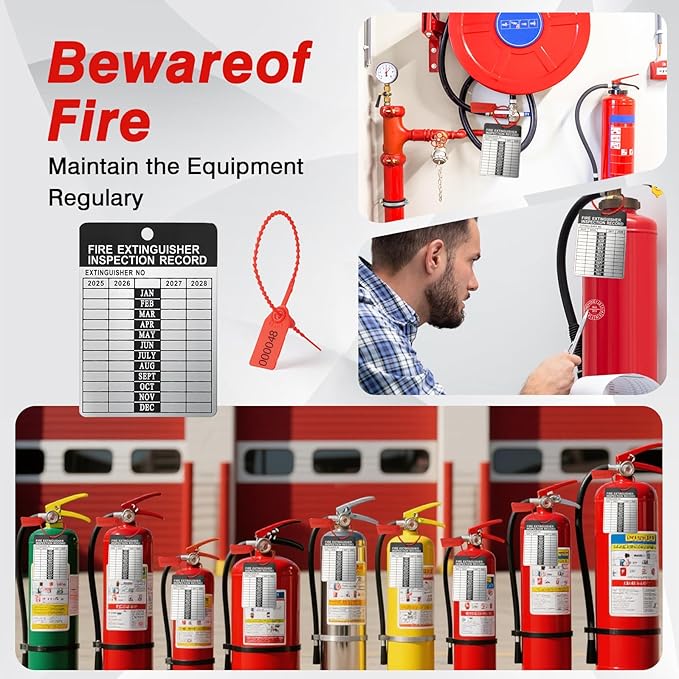50 Sets 2025–2028 Fire Extinguisher Tags Aluminum Metal Inspection Record Tags 2.2 x 3 Inch with Hole Puncher & Numbered Security Zip Ties for Monthly Fire Extinguisher Inspection Indoor Outdoor