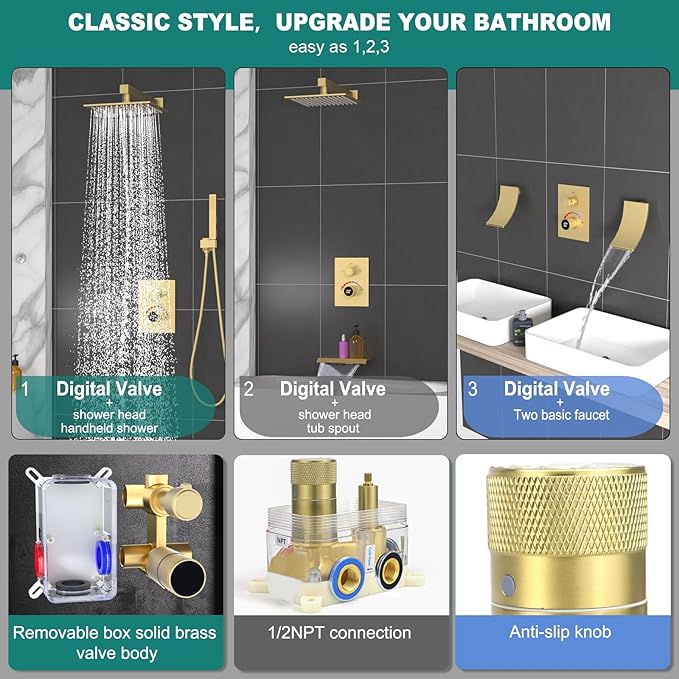 Shower Mixing Valve with Brushed Gold Trim Kit, 3 Way Shower Diverter Digital Brass Valve Body Temperature Display Mixer for Shower Faucets