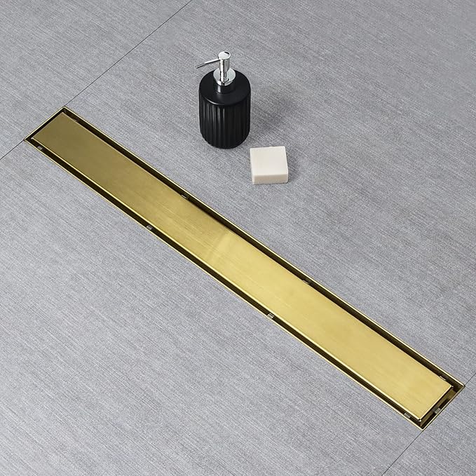 SaniteModar Linear Shower Drain, Gold Shower Drain 18 inch with Invisible 2 in 1 Tile Insert Panel, 304 Stainless Steel Brushed Gold Shower Drain with Hair Strainer and Leveling Feet