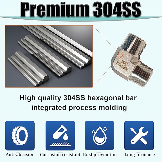 2pcs 90 Degree Street Elbow, 304 Stainless Steel Forged Barstock Street Elbow Adapter, Heavy Duty 3/8" NPT Male x 3/8" NPT Male Pipe Fitting Connector, 5800PSI (3/8" MNPT x 3/8" MNPT)