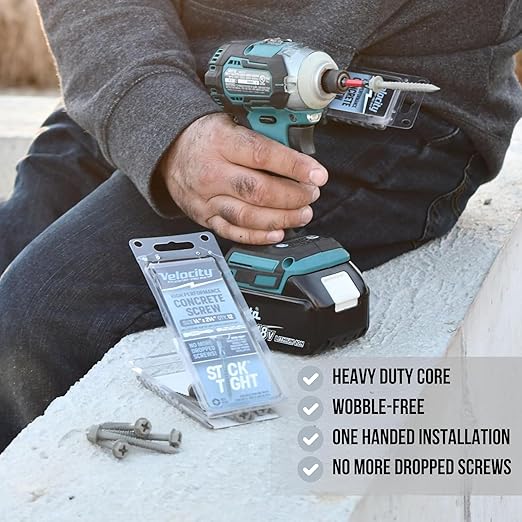 Velocity 2 1/4 Concrete Screws Set with RedSeal Moisture Barrier (Hex Head, 1/4”) – 12 Pcs High-Performance Masonry Screws, Stick Tight Technology, 1 PSD ACR Drive Bit and 1 Carbide Concrete Drill Bit